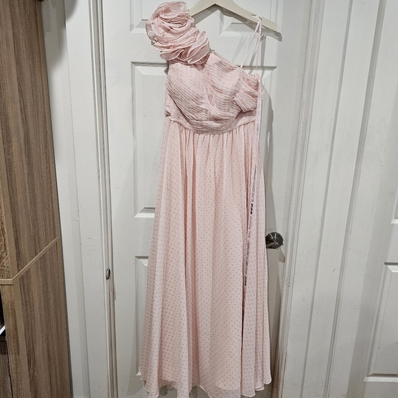 Mac Duggal Pink Polka Dot Ruffled One Shoulder Gown - Picture 2 of 6